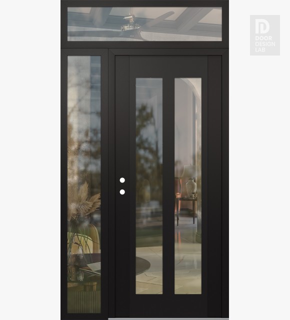 Modern Steel Front Door Diamond C14 50" x 96" black/black clear Glass Panel black RHI with Sidelite and Transom clear Glass