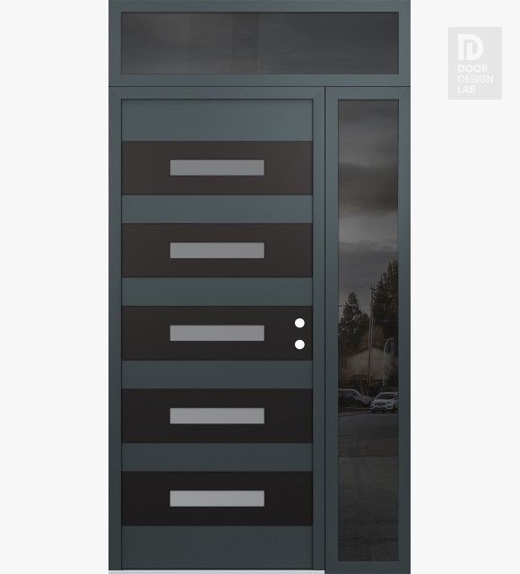 Modern Steel Front Door Diamond D9 50" x 96" anthracite/anthracite frosted Glass Panel black LHI with Sidelite and Transom mirrored Glass