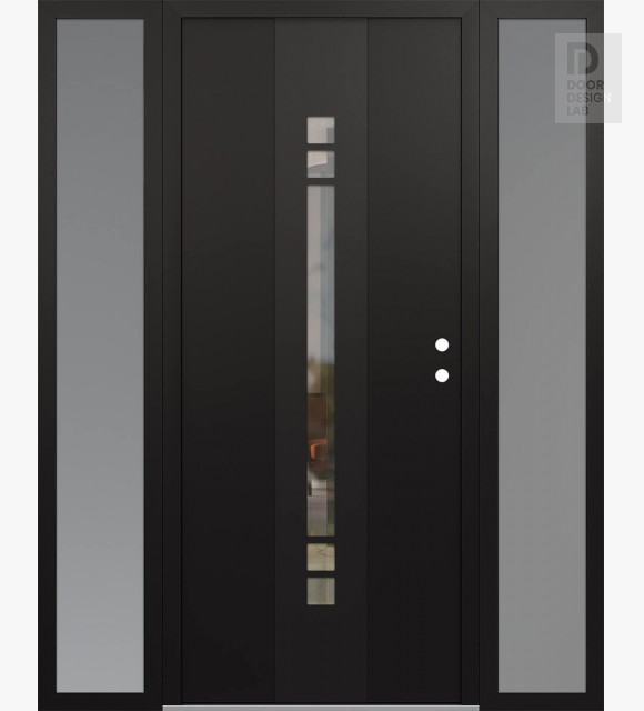 Modern Steel Front Door DIAMOND A4 68" X 80" BLACK/BLACK CLEAR GLASS PANEL BLACK LHI WITH 2 SIDELITES FROSTED GLASS