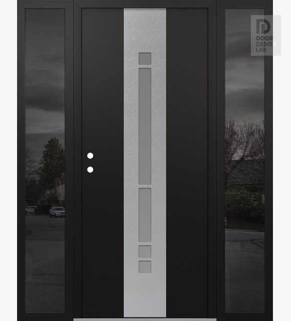 Modern Steel Front Door DIAMOND A3 64" X 80" BLACK/WHITE FROSTED GLASS PANEL STAINLESS STEEL RHI WITH 2 SIDELITES MIRRORED GLASS