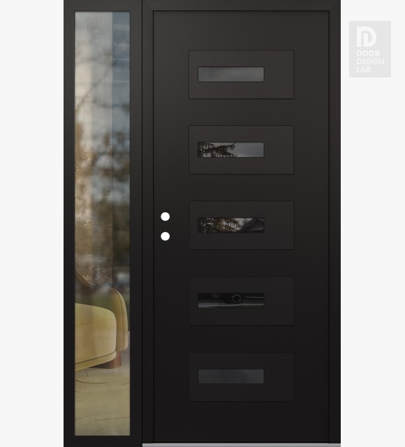 Modern Steel Front Door Diamond D6 48" x 80" black/black mirrored Glass Panel black RHI with Sidelite clear Glass