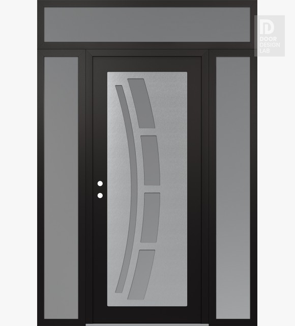 Modern Steel Front Door Diamond C12 64" x 96" black/white frosted Glass Panel stainless steel RHI with 2 Sidelites and Transom frosted Glass