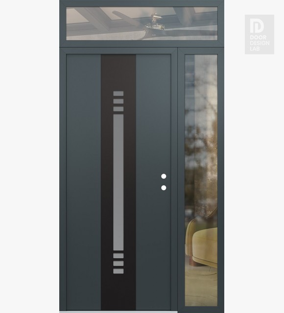 Modern Steel Front Door DIAMOND A5 50" X 96" ANTHRACITE/ANTHRACITE FROSTED GLASS PANEL BLACK LHI WITH SIDELITE AND TRANSOM CLEAR GLASS