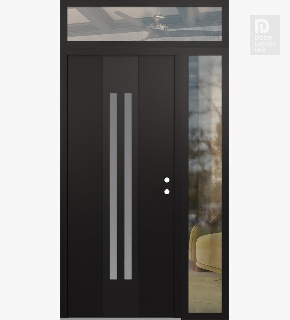 Modern Steel Front Door DIAMOND A8 50" X 96" BLACK/WHITE FROSTED GLASS PANEL BLACK LHI WITH SIDELITE AND TRANSOM CLEAR GLASS
