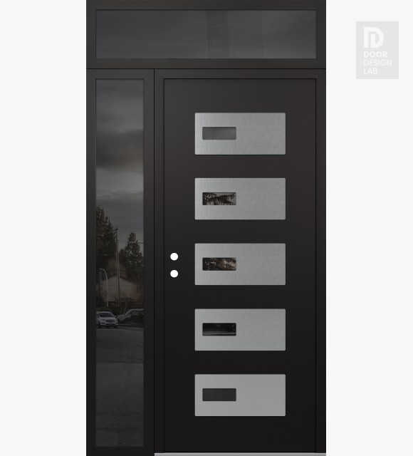 Modern Steel Front Door Diamond D7 52" x 96" black/black mirrored Glass Panel stainless steel RHI with Sidelite and Transom mirrored Glass