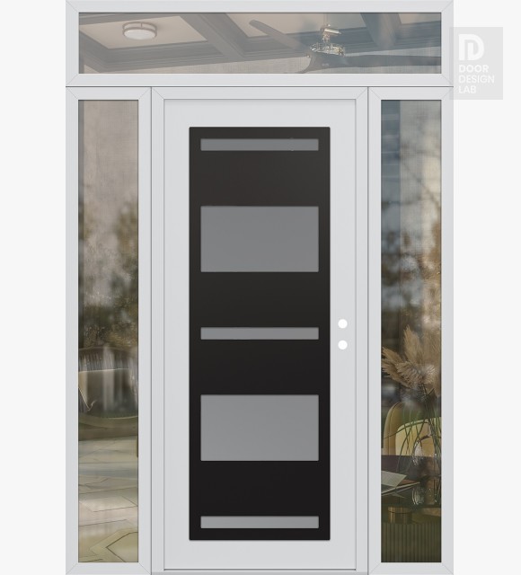 Modern Steel Front Door Diamond C10 64" x 96" white/white frosted Glass Panel black LHI with 2 Sidelites and Transom clear Glass