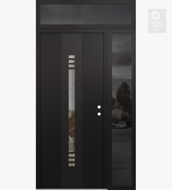 Modern Steel Front Door DIAMOND A5 52" X 96" BLACK/BLACK CLEAR GLASS PANEL BLACK LHI WITH SIDELITE AND TRANSOM MIRRORED GLASS
