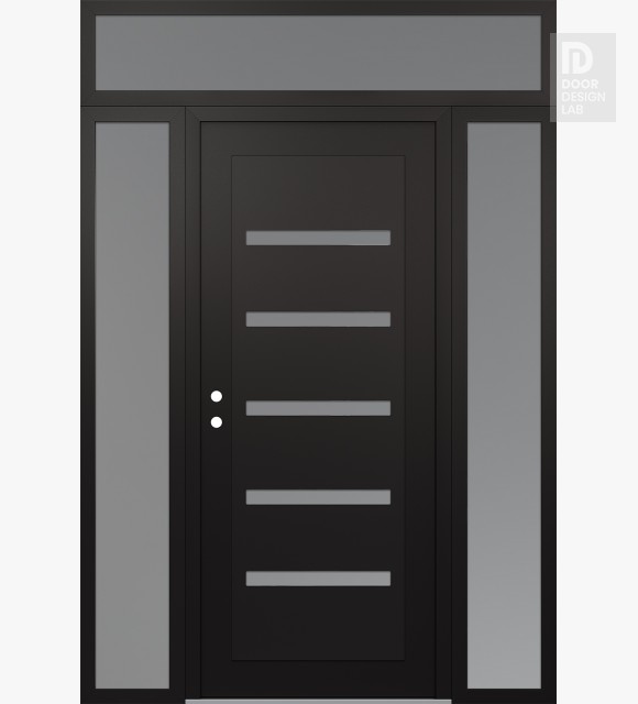 Modern Steel Front Door Diamond C7 64" x 96" black/white frosted Glass Panel black RHI with 2 Sidelites and Transom frosted Glass