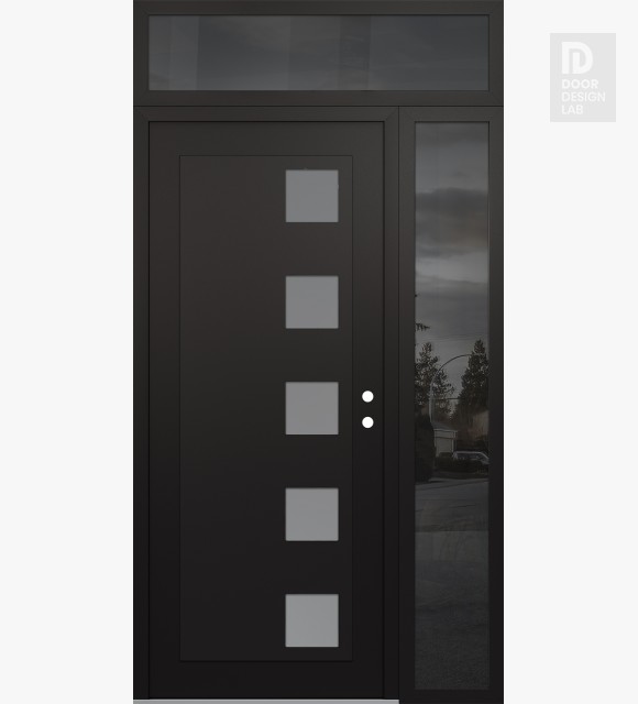 Modern Steel Front Door Diamond C5 50" x 96" black/white frosted Glass Panel black LHI with Sidelite and Transom mirrored Glass
