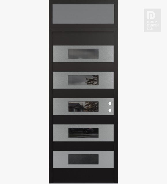 Modern Steel Front Door Diamond D5 36" x 96" black/black mirrored Glass Panel stainless steel LHI with Transom frosted Glass