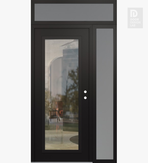 Modern Steel Front Door Diamond C1 50" x 96" black/black clear Glass Panel black LHI with Sidelite and Transom frosted Glass