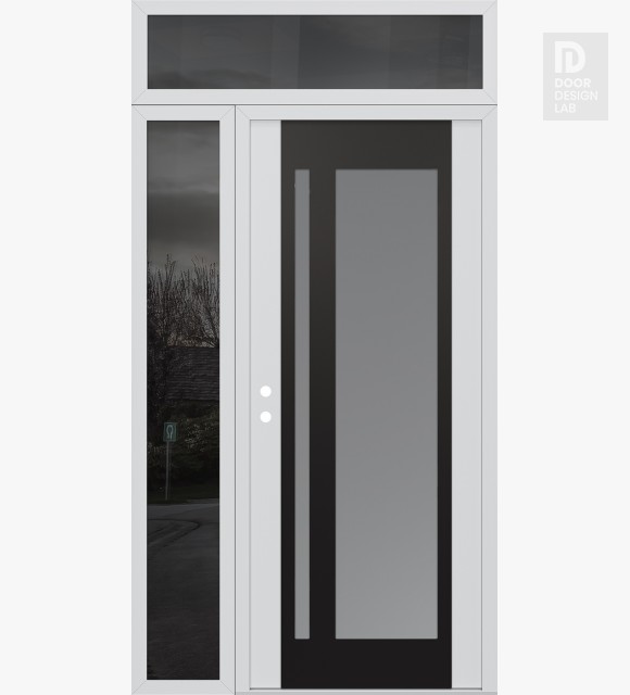 Modern Steel Front Door Diamond C15 48" x 96" white/white frosted Glass Panel black RHI with Sidelite and Transom mirrored Glass