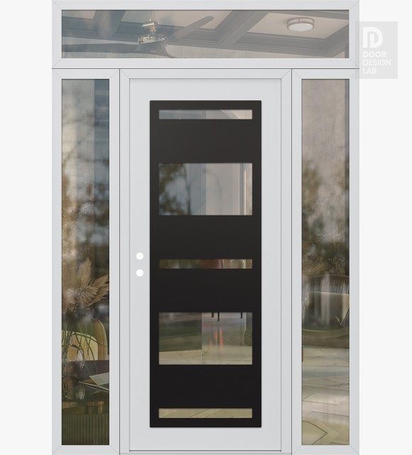Modern Steel Front Door Diamond C10 64" x 96" white/white clear Glass Panel black RHI with 2 Sidelites and Transom clear Glass