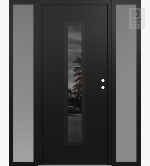 Modern Steel Front Door DIAMOND A11 60" X 80" BLACK/BLACK MIRRORED GLASS PANEL BLACK LHI WITH 2 SIDELITES FROSTED GLASS