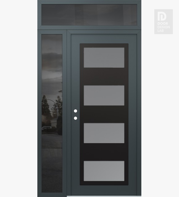 Modern Steel Front Door Diamond C2 50" x 96" anthracite/anthracite frosted Glass Panel black RHI with Sidelite and Transom mirrored Glass
