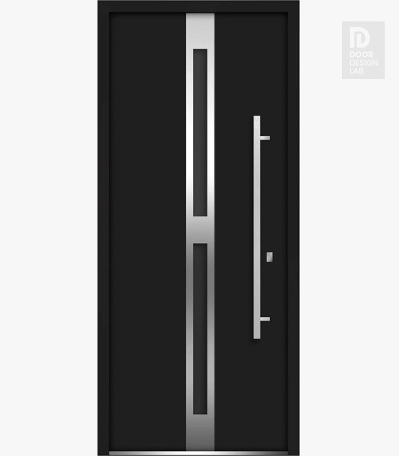 Front Exterior Prehung Steel Door / Deux 1755 Black Enamel / Stainless Inserts Single Modern Painted-W36" x H80"-Left-hand Inswing