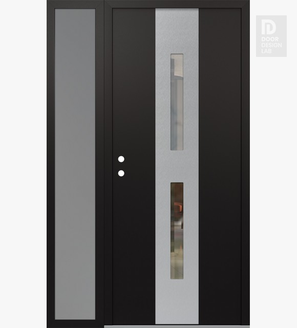 Modern Steel Front Door DIAMOND A6 48" X 80" BLACK/BLACK CLEAR GLASS PANEL STAINLESS STEEL RHI WITH SIDELITE FROSTED GLASS