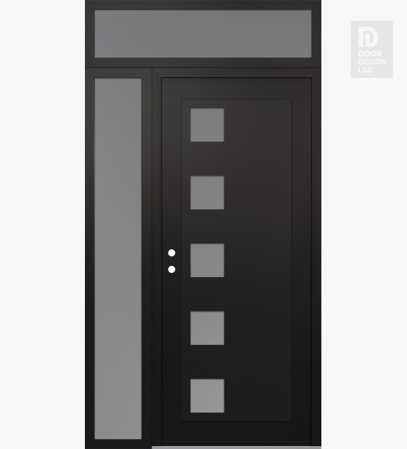 Modern Steel Front Door Diamond C5 52" x 96" black/white frosted Glass Panel black RHI with Sidelite and Transom frosted Glass