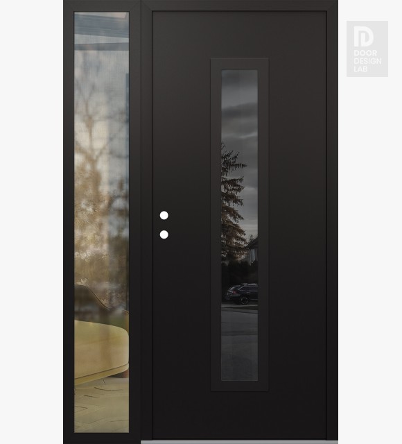 Modern Steel Front Door DIAMOND A11 52" X 80" BLACK/BLACK MIRRORED GLASS PANEL BLACK RHI WITH SIDELITE CLEAR GLASS