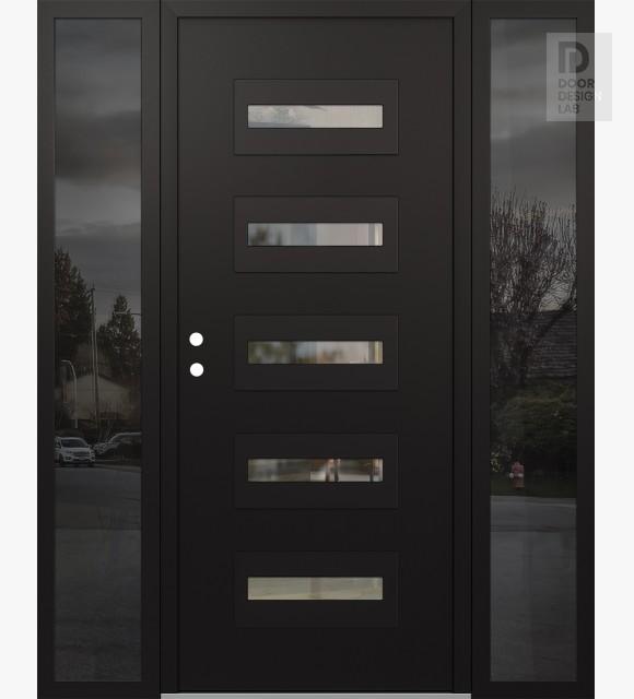 Modern Steel Front Door Diamond D4 68" x 80" black/black clear Glass Panel black RHI with 2 Sidelites mirrored Glass
