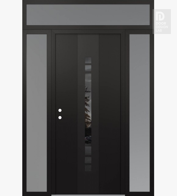 Modern Steel Front Door DIAMOND A4 68" X 96" BLACK/BLACK MIRRORED GLASS PANEL BLACK RHI WITH 2 SIDELITES AND TRANSOM FROSTED GLASS