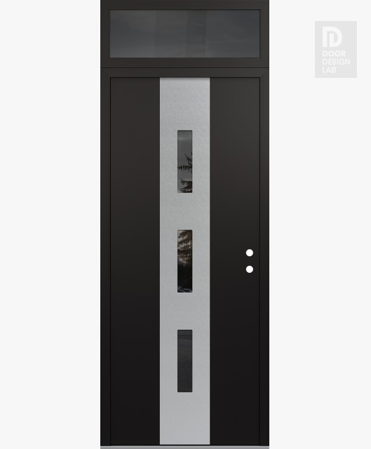 Modern Steel Front Door DIAMOND A7 36" X 96" BLACK/BLACK MIRRORED GLASS PANEL STAINLESS STEEL LHI WITH TRANSOM MIRRORED GLASS