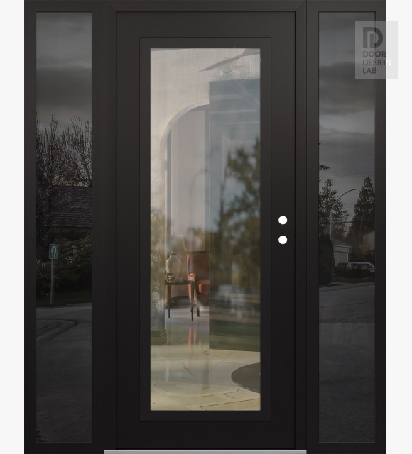 Modern Steel Front Door Diamond C1 64" x 80" black/black clear Glass Panel black LHI with 2 Sidelites mirrored Glass