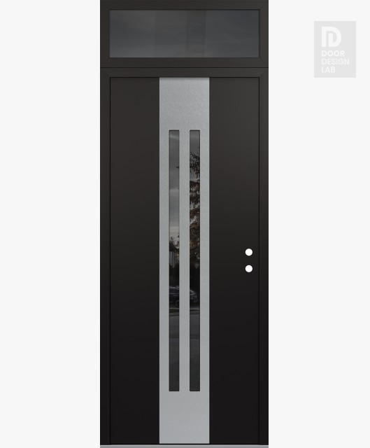 Modern Steel Front Door DIAMOND A8 36" X 96" BLACK/BLACK MIRRORED GLASS PANEL STAINLESS STEEL LHI WITH TRANSOM MIRRORED GLASS