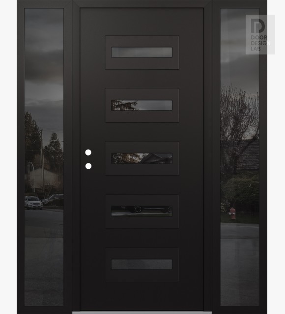 Modern Steel Front Door Diamond D4 64" x 80" black/black mirrored Glass Panel black RHI with 2 Sidelites mirrored Glass