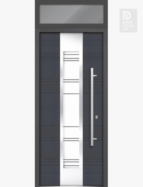 Front Exterior Prehung Steel Door / Deux 0757 Gray Graphite / Top Exterior Window / Stainless Inserts Single Modern Painted-W36" x H80+16"-Left-hand Inswing
