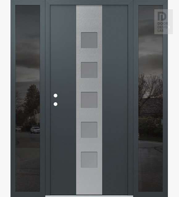 Modern Steel Front Door DIAMOND A13 60" X 80" ANTHRACITE/ANTHRACITE FROSTED GLASS PANEL STAINLESS STEEL RHI WITH 2 SIDELITES MIRRORED GLASS