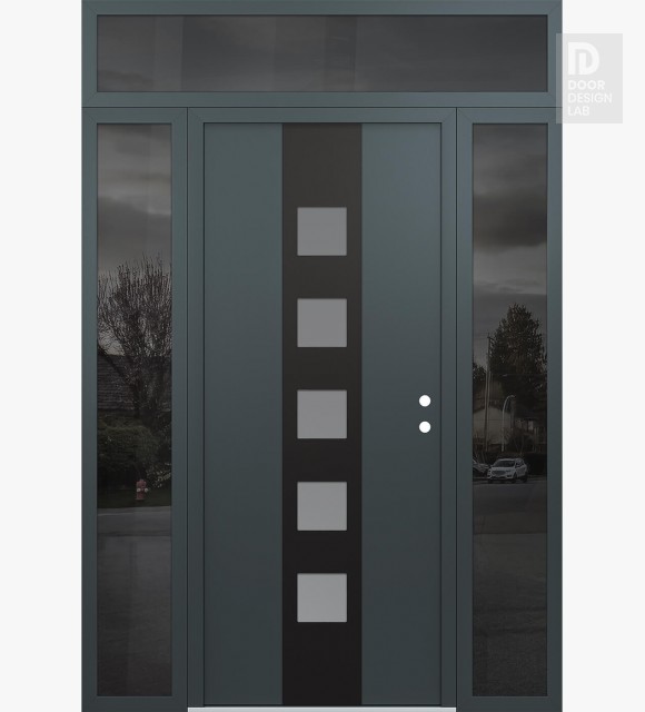 Modern Steel Front Door DIAMOND A13 60" X 96" ANTHRACITE/ANTHRACITE FROSTED GLASS PANEL BLACK LHI WITH 2 SIDELITES AND TRANSOM MIRRORED GLASS
