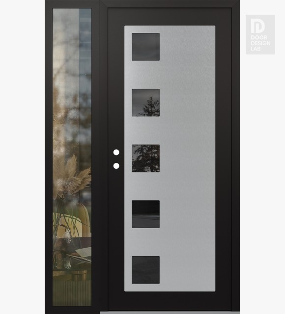 Modern Steel Front Door Diamond C5 52" x 80" black/black mirrored Glass Panel stainless steel RHI with Sidelite clear Glass