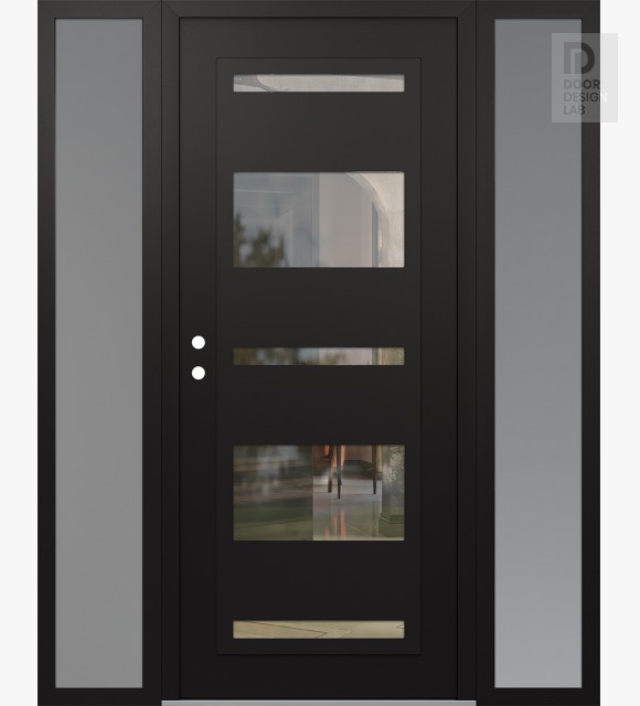 Modern Steel Front Door Diamond C10 64" x 80" black/black clear Glass Panel black RHI with 2 Sidelites frosted Glass