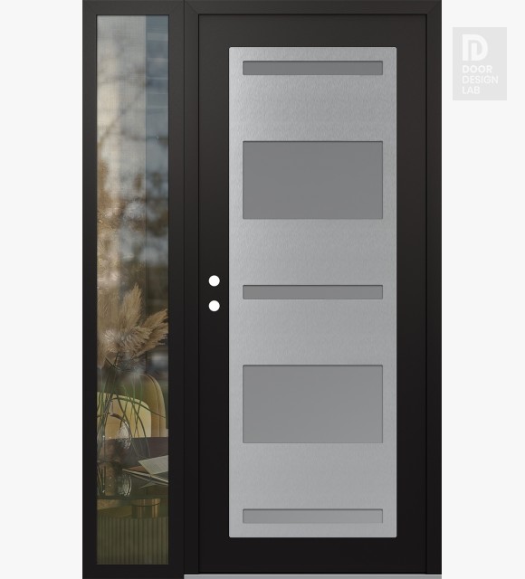 Modern Steel Front Door Diamond C10 48" x 80" black/white frosted Glass Panel stainless steel RHI with Sidelite clear Glass