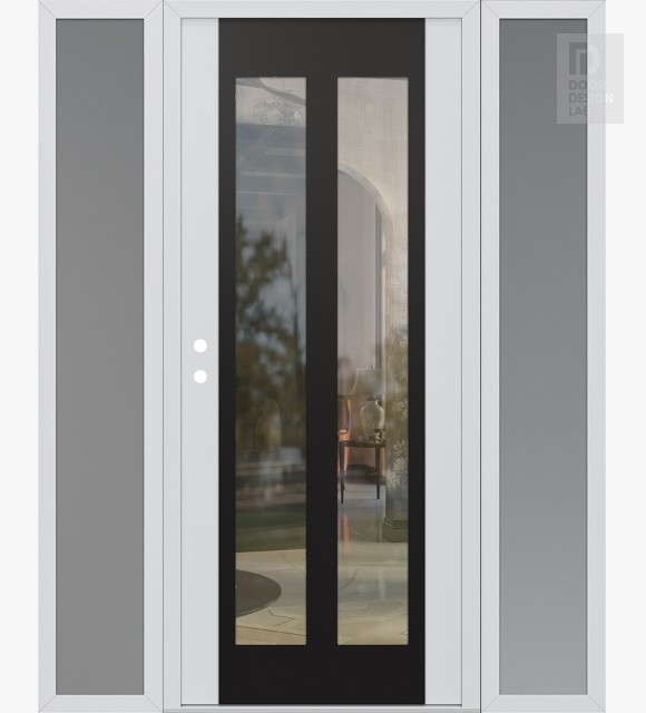 Modern Steel Front Door Diamond C14 64" x 80" white/white clear Glass Panel black RHI with 2 Sidelites frosted Glass