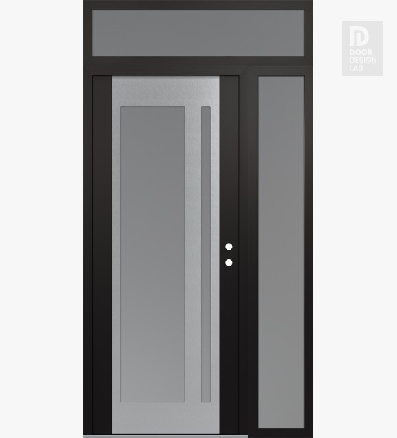 Modern Steel Front Door Diamond C15 52" x 96" black/white frosted Glass Panel stainless steel LHI with Sidelite and Transom frosted Glass