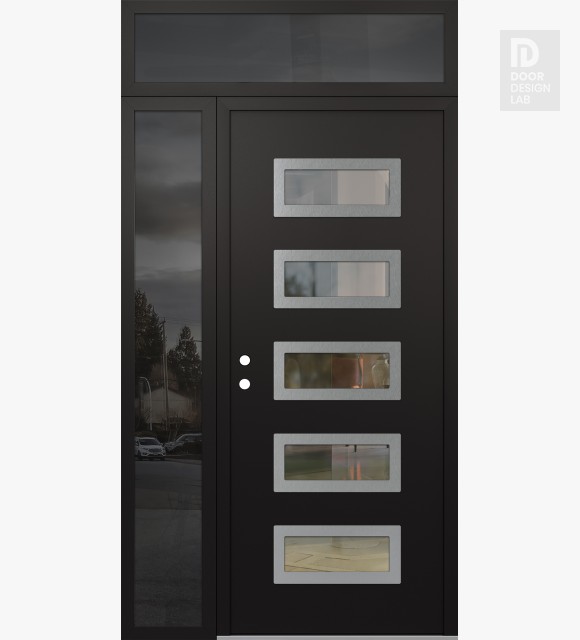 Modern Steel Front Door Diamond D1 52" x 96" black/black clear Glass Panel stainless steel RHI with Sidelite and Transom mirrored Glass