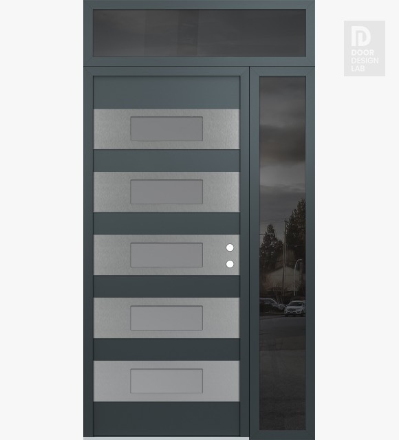 Modern Steel Front Door Diamond D5 48" x 96" anthracite/anthracite frosted Glass Panel stainless steel LHI with Sidelite and Transom mirrored Glass
