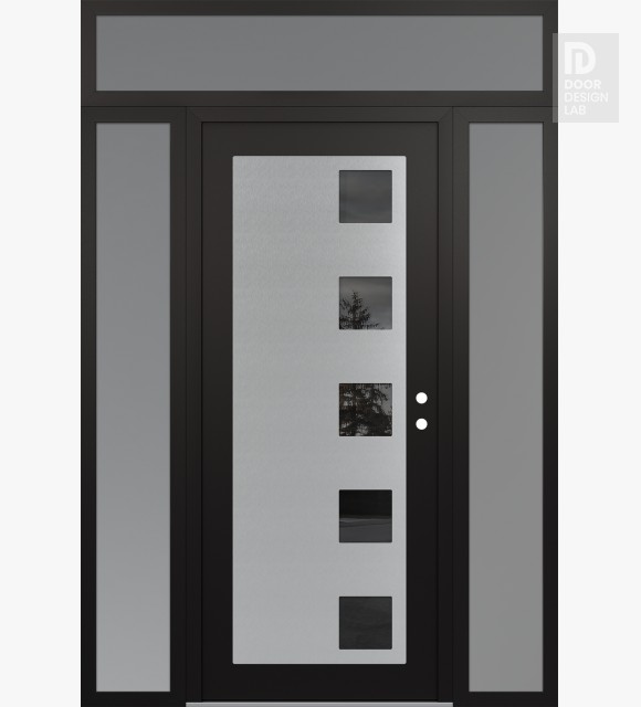 Modern Steel Front Door Diamond C5 68" x 96" black/black mirrored Glass Panel stainless steel LHI with 2 Sidelites and Transom frosted Glass