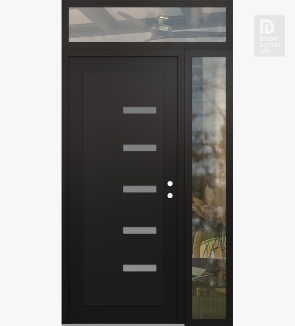Modern Steel Front Door Diamond C8 48" x 96" black/white frosted Glass Panel black LHI with Sidelite and Transom clear Glass