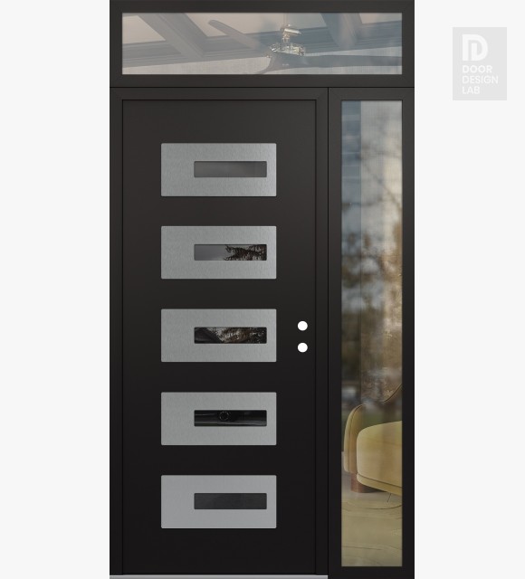 Modern Steel Front Door Diamond D6 48" x 96" black/black mirrored Glass Panel stainless steel LHI with Sidelite and Transom clear Glass