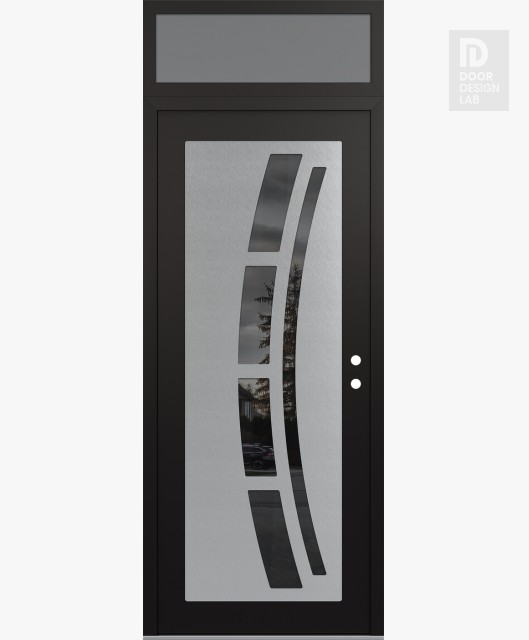 Modern Steel Front Door Diamond C12 36" x 96" black/black mirrored Glass Panel stainless steel LHI with Transom frosted Glass