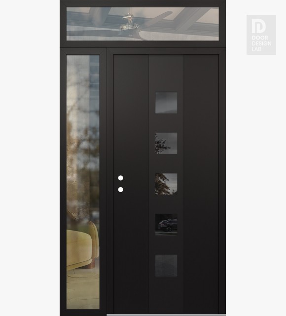 Modern Steel Front Door DIAMOND A13 48" X 96" BLACK/BLACK MIRRORED GLASS PANEL BLACK RHI WITH SIDELITE AND TRANSOM CLEAR GLASS