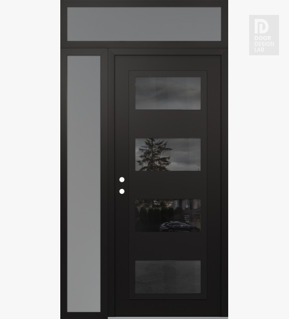 Modern Steel Front Door Diamond C2 52" x 96" black/black mirrored Glass Panel black RHI with Sidelite and Transom frosted Glass