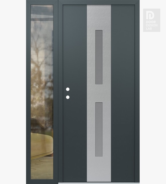 Modern Steel Front Door DIAMOND A6 52" X 80" ANTHRACITE/ANTHRACITE FROSTED GLASS PANEL STAINLESS STEEL RHI WITH SIDELITE CLEAR GLASS