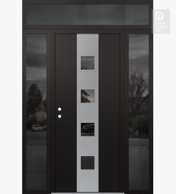 Modern Steel Front Door DIAMOND A12 68" X 96" BLACK/BLACK MIRRORED GLASS PANEL STAINLESS STEEL RHI WITH 2 SIDELITES AND TRANSOM MIRRORED GLASS
