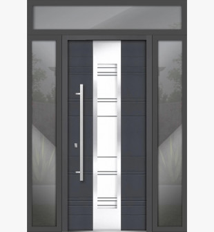 Front Exterior Prehung Steel Door / Deux 0757 Gray Graphite / 2 Side and Top Exterior Window / Stainless Inserts Single Modern Painted-W12+36+12" x H80+16"-Right-hand Inswing