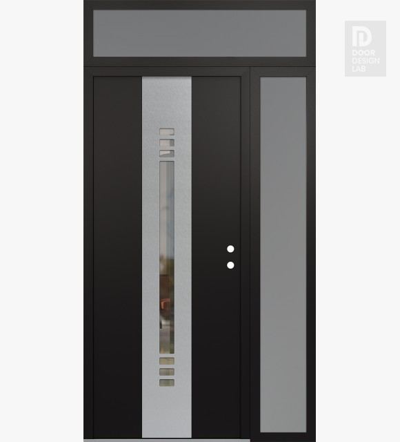 Modern Steel Front Door DIAMOND A5 48" X 96" BLACK/BLACK CLEAR GLASS PANEL STAINLESS STEEL LHI WITH SIDELITE AND TRANSOM FROSTED GLASS