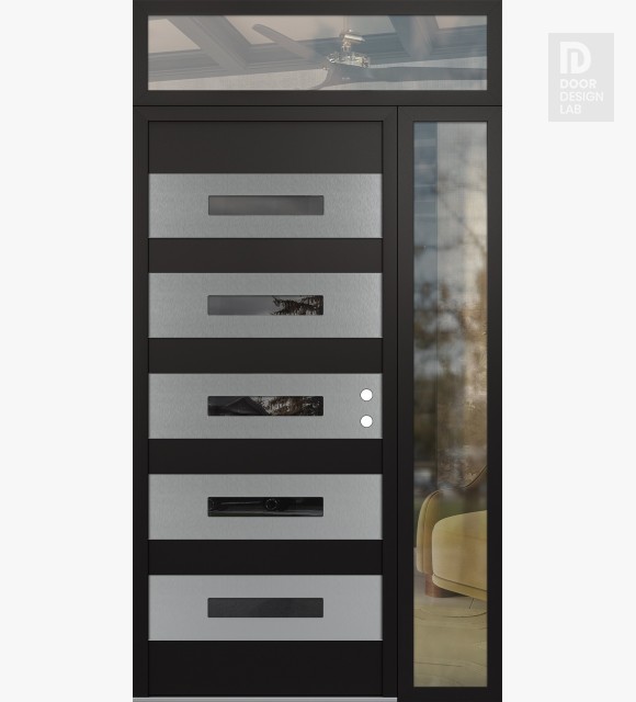 Modern Steel Front Door Diamond D9 52" x 96" black/black mirrored Glass Panel stainless steel LHI with Sidelite and Transom clear Glass